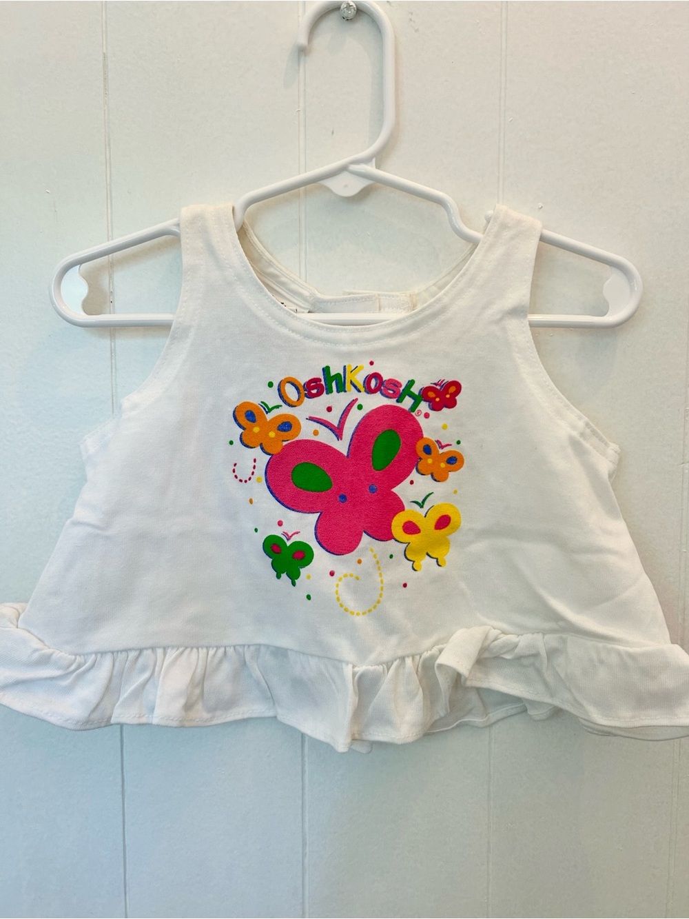 NWT Vintage OshKosh White Ruffle Tank Top with Colorful Butterfly Graphic